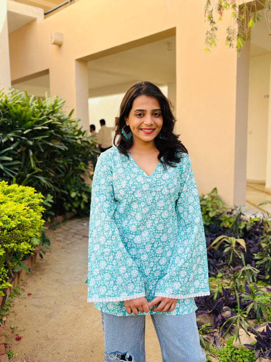 Meher Kurti (Sky Blue Handblock )