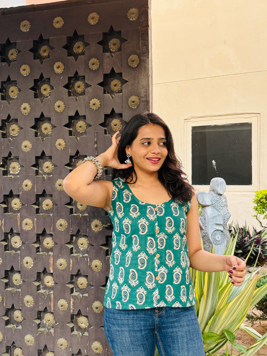 Emerald Paisley Button Down Top