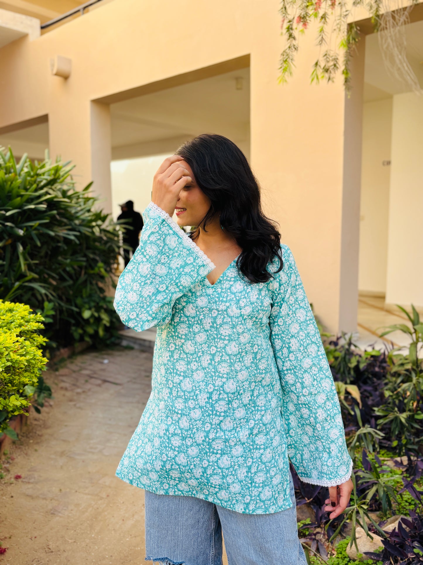 Meher Kurti (Sky Blue Handblock )